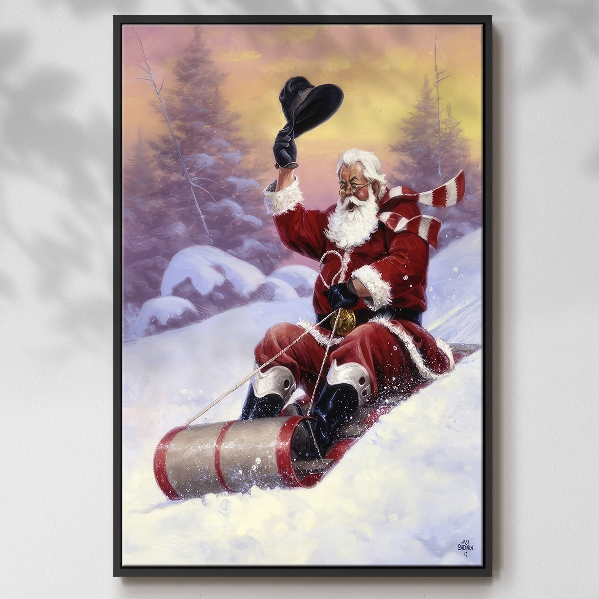 Here Comes Santa - Framed Gallery Wrapped Holiday Canvas - 25 x 37 - Black Frame