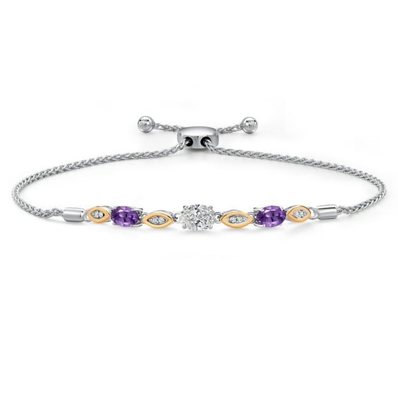Gem Stone King 1.60 Ct DEF Lab Grown Diamond Purple Amethyst 925 Silver and 10K Yellow Gold Bracelet