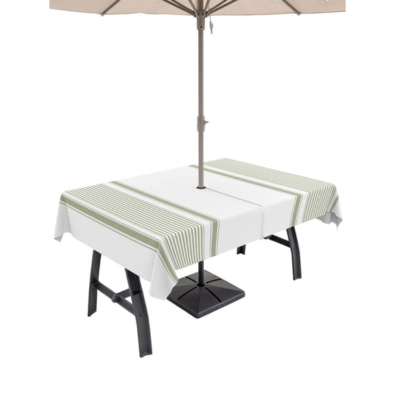 Outdoor Tablecloth with Umbrella Hole for Patio/Picnic/Party/Camping, Sage Green Striped Waterproof Table Cloth Rectangle Table Cover Washable, Farmhouse Thin Vertical Stripes Modern (60"x 84")