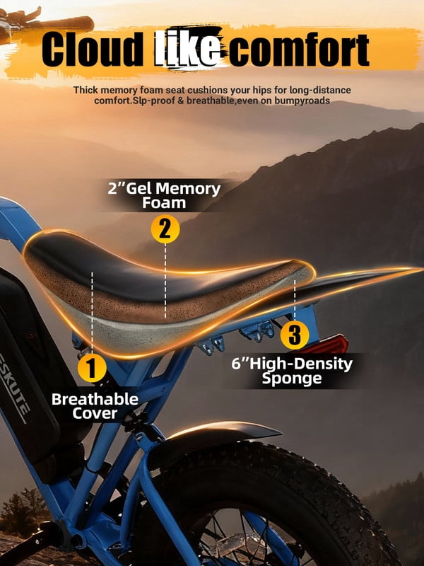ESKUTE Electric Bike for Adults & Teens, 29MPH, 80 Miles Range, 48V 20.8Ah Battery, 20" x 4.0 Fat Tire, Dual Suspension, 7-Speed Off-Road Ebike Blue with Rear Rack & Footrests, UL2849