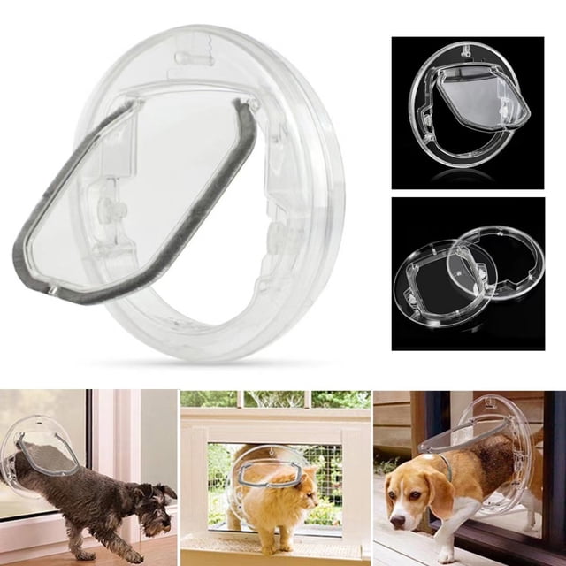 Puerta de ventana para perro, puerta con solapa transparente redonda con cerradura de 4 vías y kit de revestimiento para gato, cachorro, perrito, se adapta mejor a la ventana de mascota