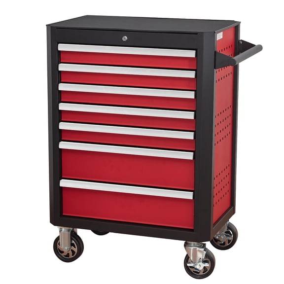 Jopath 28inch 7 Drawer Tool Cabinet, Heavy-Duty Carbon Steel Rolling Tool Chest with Ball Bearing Sliders, 360° Wheels & Lock System, Black Red for Garage/Workshop