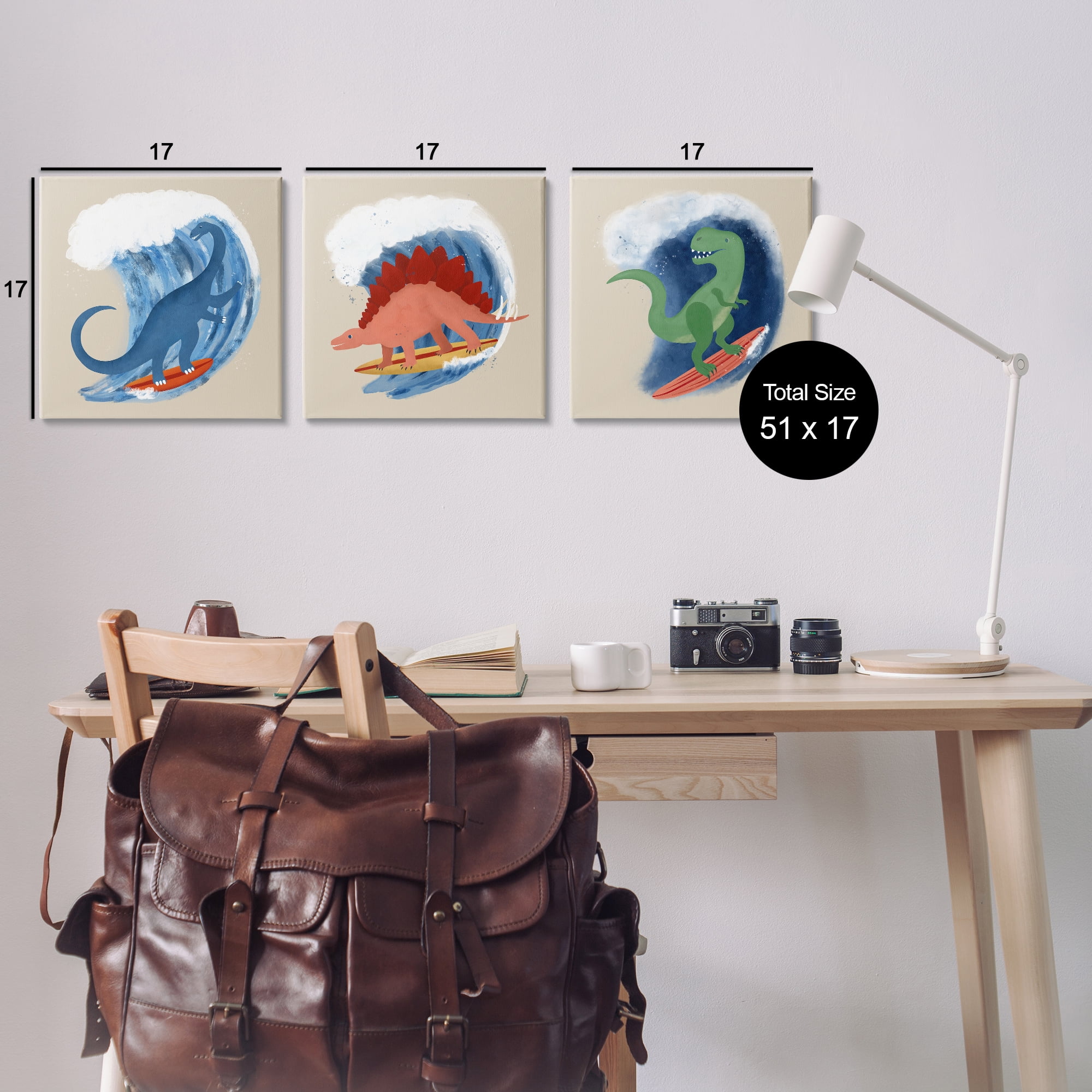 Stupell Industries Dinos Surfing Beach Waves Animals Painting Wrapped Canvas Art Print Wall Art, 17 x 17, Set of 3