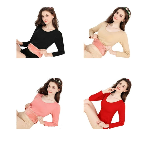 Women Thermal Underwear Winter Cold Weather Basic Top Round Neck Long  Sleeve Solid Color Base Clothing Comfortable Casual Skin Color XXS