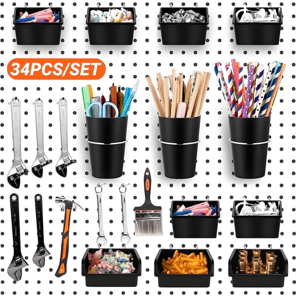 ENJOYWOOD 34 Piece Stainless Steel Pegboard Accessories and Hooks Set, Black