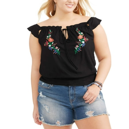 Poof Junior Plus Embroiderd Gathered Waist Top