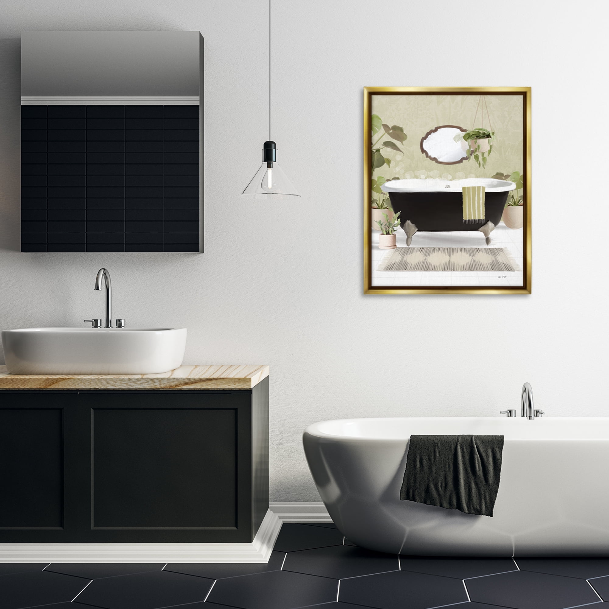 Stupell Industries Relaxing Bathroom Tub Bath & Laundry Painting Gold Floater Framed Canvas Art Print Wall Art, 25 x 31