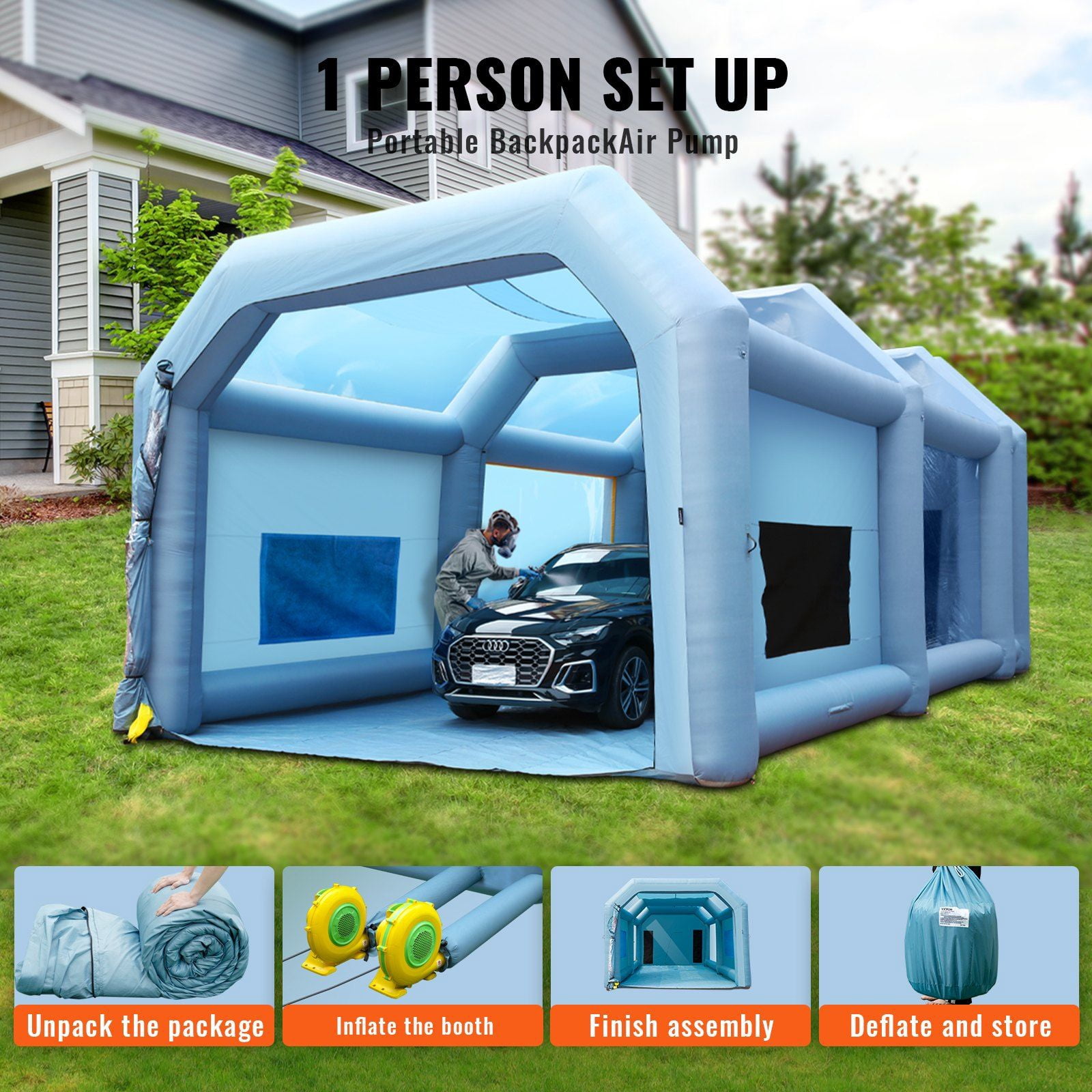 HCY Inflatable Paint Booth, 33x20x13ft Inflatable Spray Booth, High Powerful 950W+1100W Blowers Spray Booth Tent, Car Paint Tent Air Filter System for Car Parking Tent Workstation Motorcycle Garage