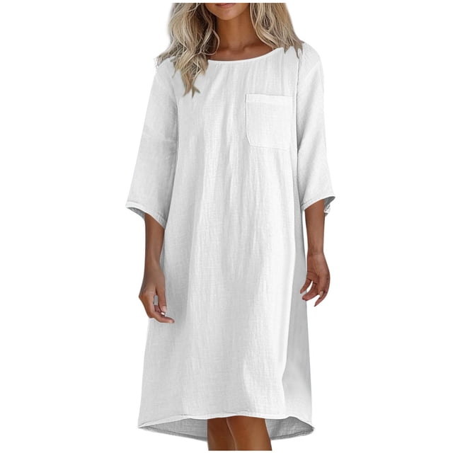 Liquidation d'Été 2025! Robe Grande Taille pour Femmes, Liquidation de Robe d'Été pour Femmes, Mode Décontractée d'Été pour Femmes Col Rond Manches 3/4 Robes de Plage Unies avec Poches