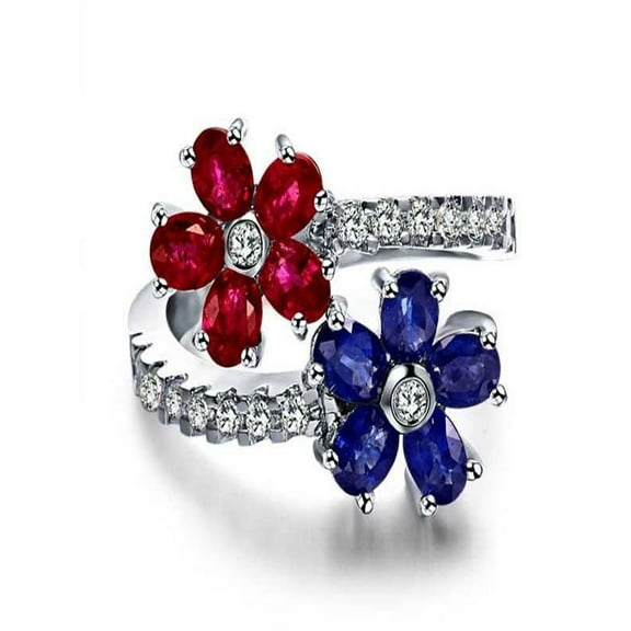 Ruby, Sapphire and Diamond Moissanite Engagement Ring on 10k White Gold