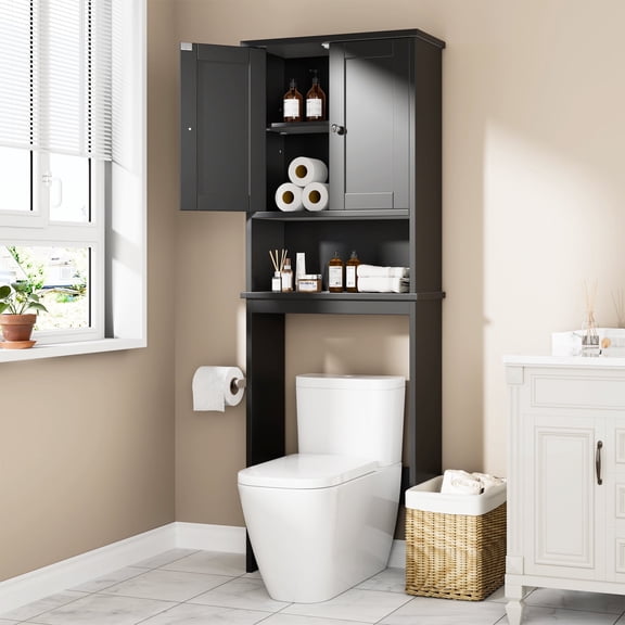 Walsunny Over The Toilet Storage Cabinet Bathroom Shelves Organizer Space Saver Freestanding Restroom Shelf with Doors Anti-Tip Device Adjustable Shelf Black