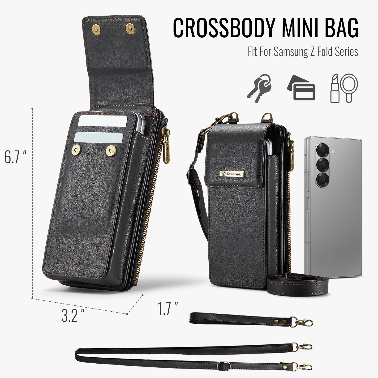 Crossbody Phone Bag Purse Wallet Case for iPhone/Galaxy/Pixel Series Cell Phones (Less Than or Equal to 7.6"), with Shoulder/Wrist Strap Lanyard, RFID Blocking Card Slots, PU Leather Bag, Black