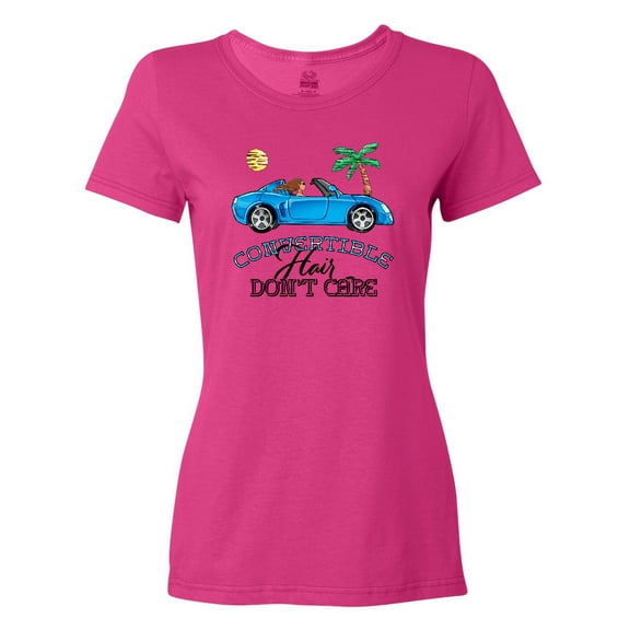 Inktastic Convertible Hair Don't Care with Brown Hair and Blue Car Women's T-Shirt