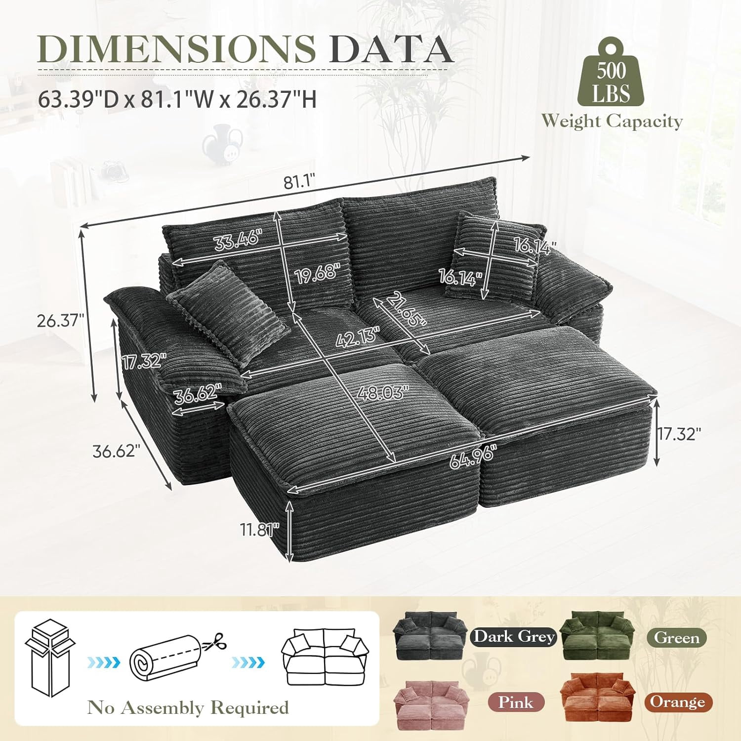 Aukfa 4-Piece Modular Sectional Sofa, Corduroy Convertible Double Chaise Lounge with Ottomans, Grey