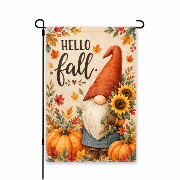 Gnome Garden Flag "Hello Fall" Autumn Theme with Sunflower, Pumpkins, and Leaves, 12 x 18 Inch, Perfect Yard and Porch Decor for Seasonal Outdoor Display