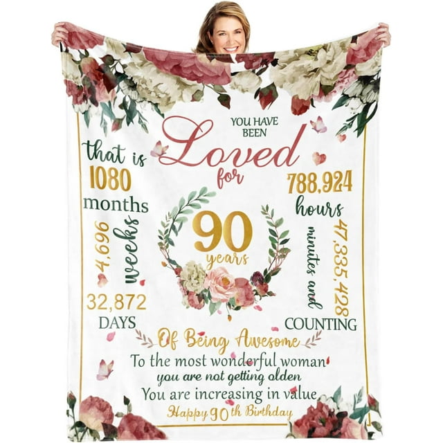 LHSHID 90th Happy Birthday Blanket for Woman 90th Birthday Decorations for Women 90 Year Old Birthday Gift Ideas for Her Wife Daughter Sister Friend Flower Soft Throw Blanket 40"x50"