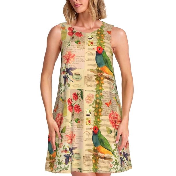 Easygdp Vintage Bird para Vestido Transpirable de Mujer, Vestido Suelto de Manga Corta con Pliegues y Bolsillos para el Verano