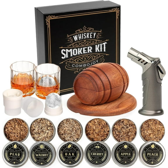 ZJQYDS Whiskey Smoker Kit with Torch - 6 Flavors Wood Chips, 2 Glasses, 2 Ice Ball Molds - Cocktail Smoker Infuser Kit, Old Fashioned Drink Smoker Kit, Birthday Bourbon Whiskey Gifts
