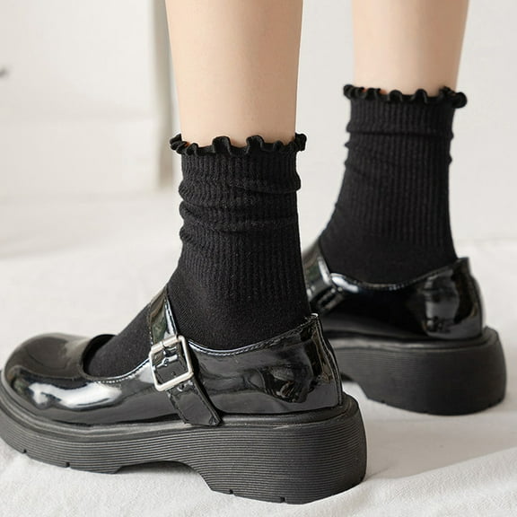 harmtty Winter socks 1 Pair Ladies Socks Ruffle Middle Tube Ankle High Shirring Edge Striped Texture High Elasticity Anti-slip Soft Breathable Sweat Absorption Lady Four Seaons Socks Beige