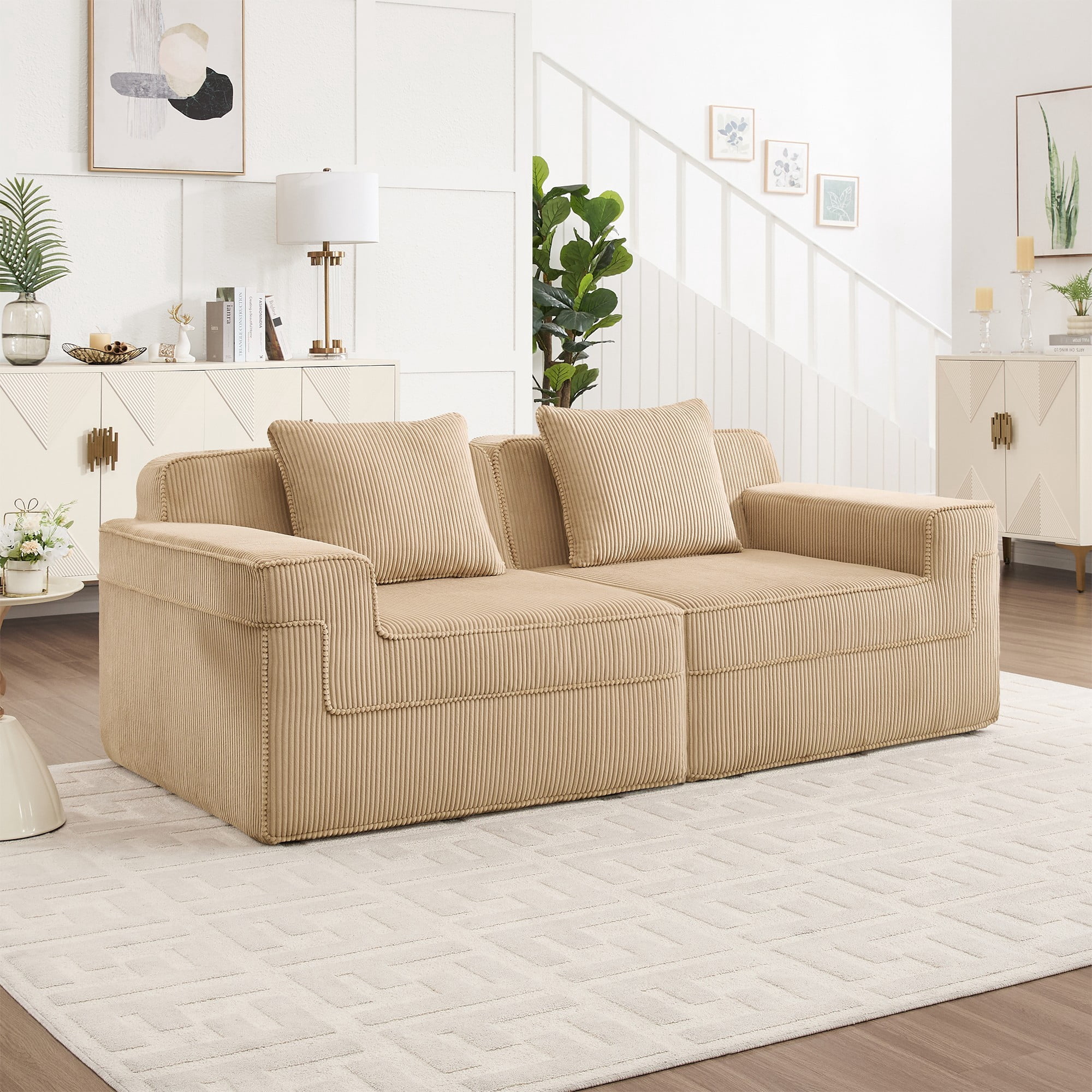DEALTOPS 81" Modern Corduroy Floor Sofa, Modular 2-Seater Cloud Couch with Deep Seats & 2 Pillows, Beige