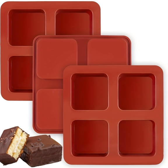 3Pcs 4-Cavity Square Silicone Molds, Non-Stick 2.6" Baking Molds for Brownies, S'mores, Marshmallows & Chocolate Covered Cookies, Heat-Resistant