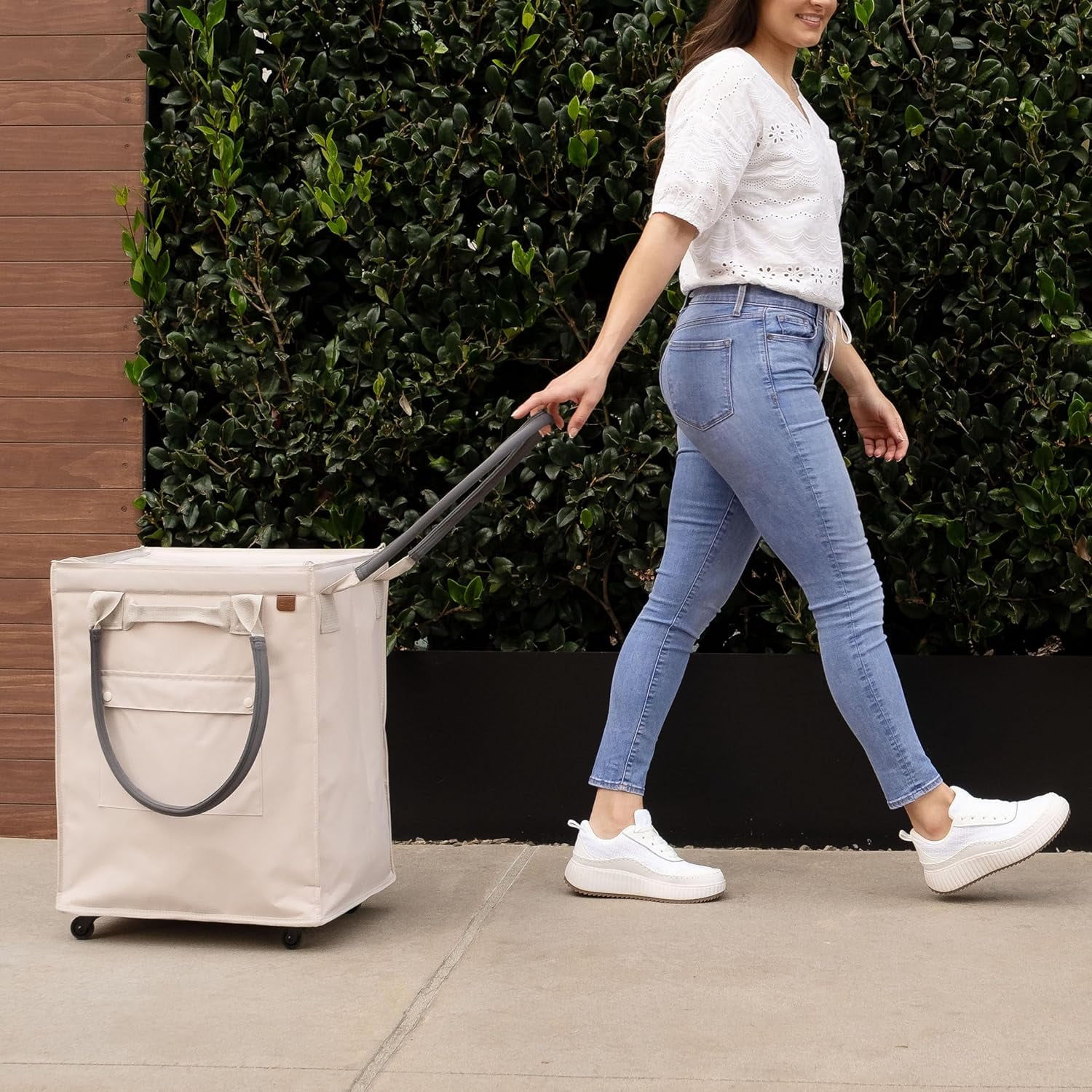 CleverMade Rolling Tote Cart 90L Collapsible Wheeled Bag, Cream