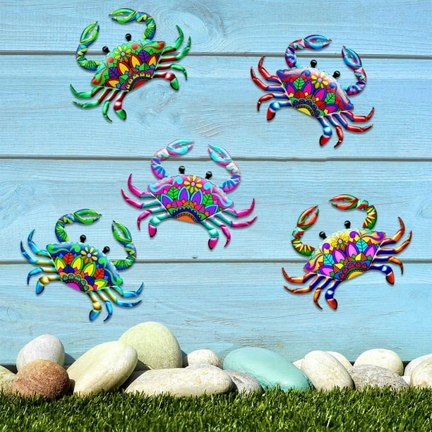 HAOAN Colorful Metal Crab Wall Decorations 5Pcs Hanging Wall Art Decor Crab  Sculptures Indoor and Outdoor Decorations for Home Wall Window Ocean Theme