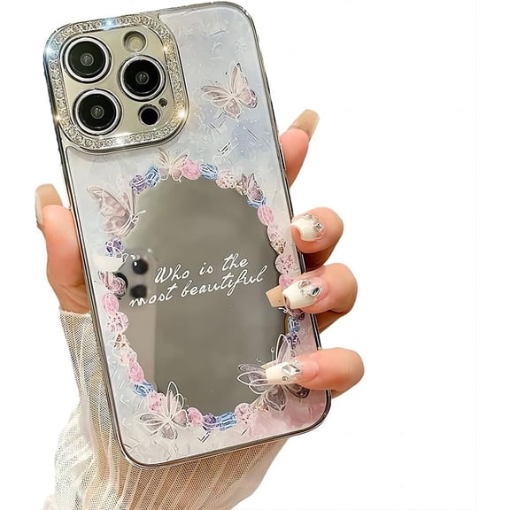 for iPhone Case,Luxury Rhinostone Glitter Frame Butterfly Pattern with Mirror Soft Shockproof Phone Case (White,iPhone 12)