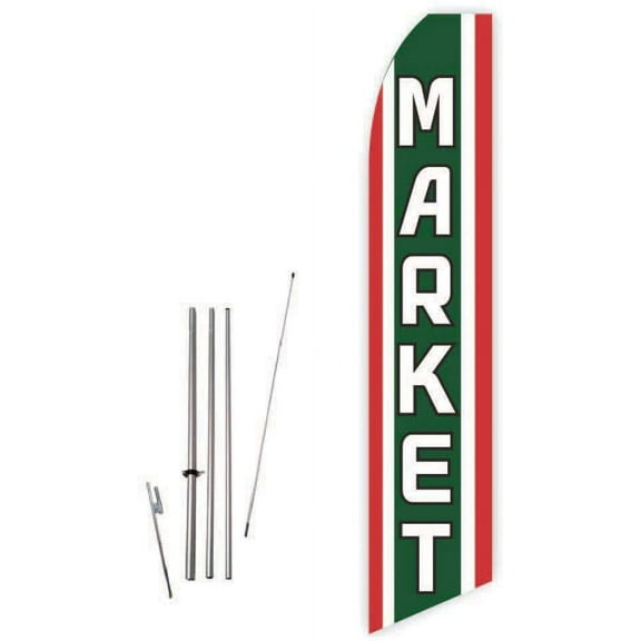 Market Green/Red Super Novo Feather Flag - Complete with 15ft Pole Set and Ground Spike