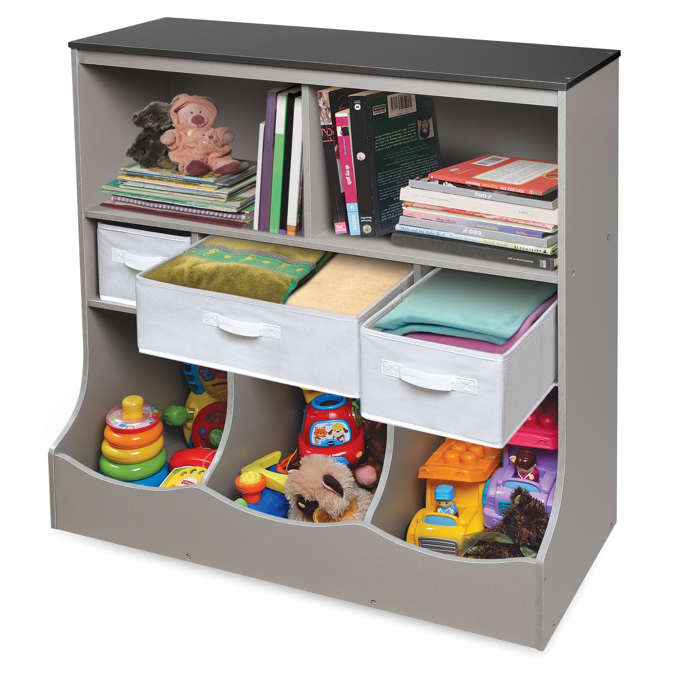 Badger Basket Combo Bin Wood Toy Storage Organizer with Three Baskets 8.6 Cu ft.- Gray