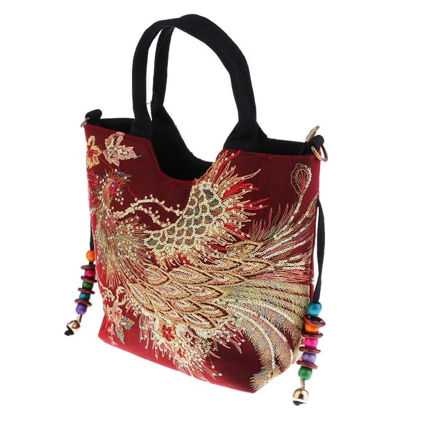 Bolso de hombro con bordado étnico, bolso de viaje para mujer, bolso vintage con flores de doble cara. Vino rojo