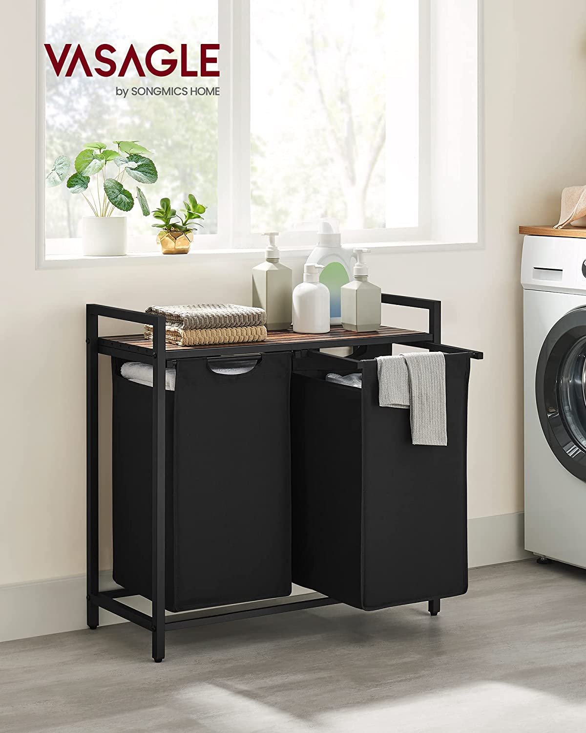 Towallmark Laundry Hamper with 2 Pull-Out Removable Bags, Shelf, Metal Frame,2 x 12.1 Gallons (46 Liters) for Laundry Rooms, Bathrooms and Dorms
