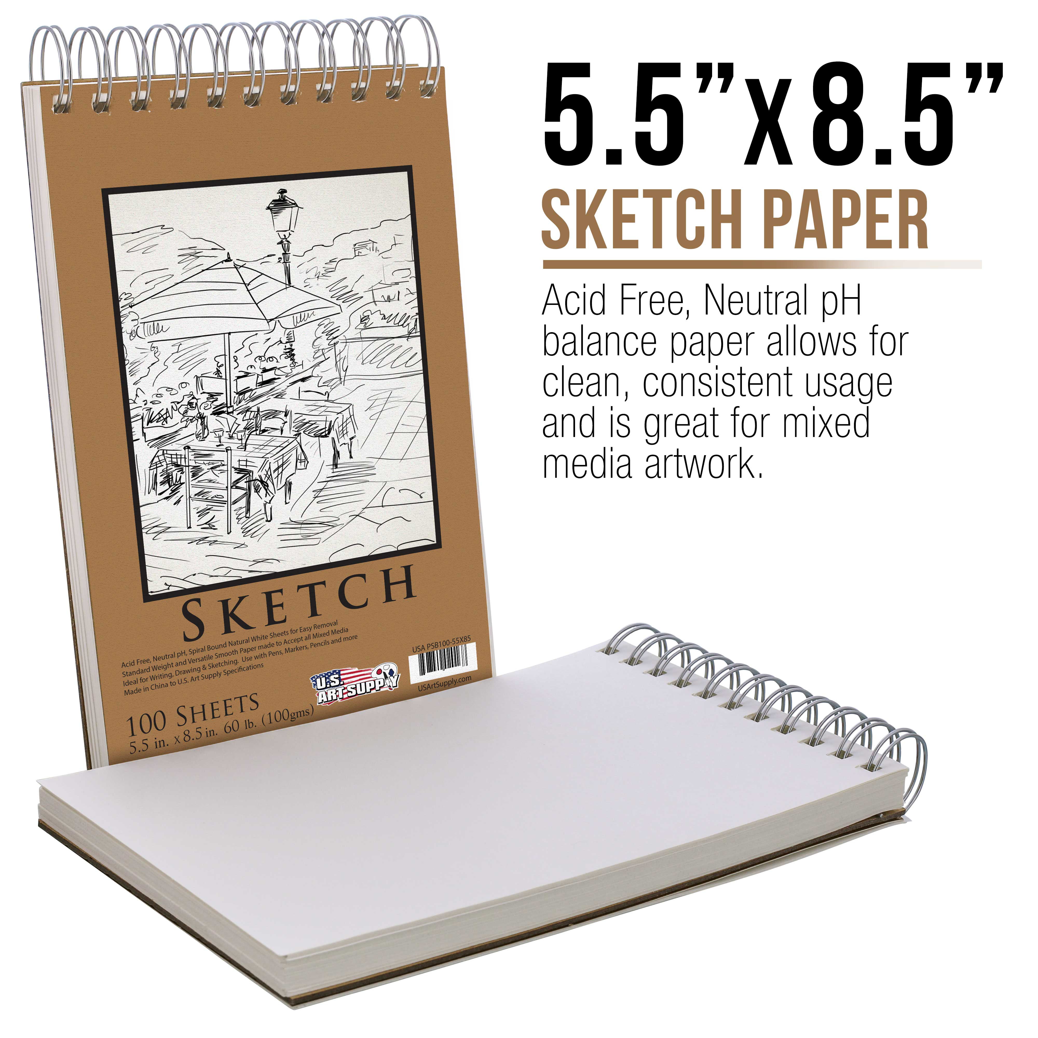 8.5 inch x 11 inch Sketch Paper Pads, 2 Pack, 200 Total Sheets (100 Each), 68 lb/100gsm Premium Paper, by Better Office Products, Spiral Bound Artist
