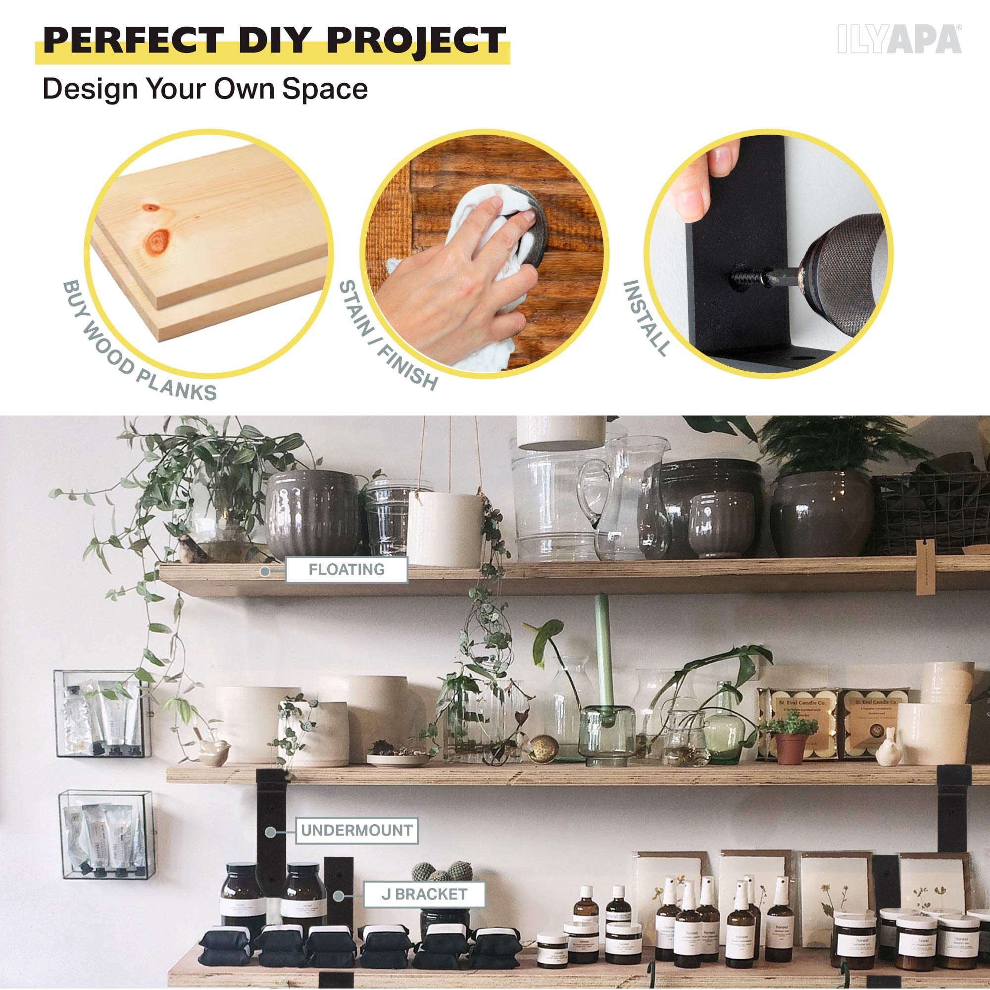 Ilyapa Heavy Duty Floating Shelf Brackets, 4 Pack - 4 x 6 Inch Black Metal Shelf Holders for Wall Mount Shelves