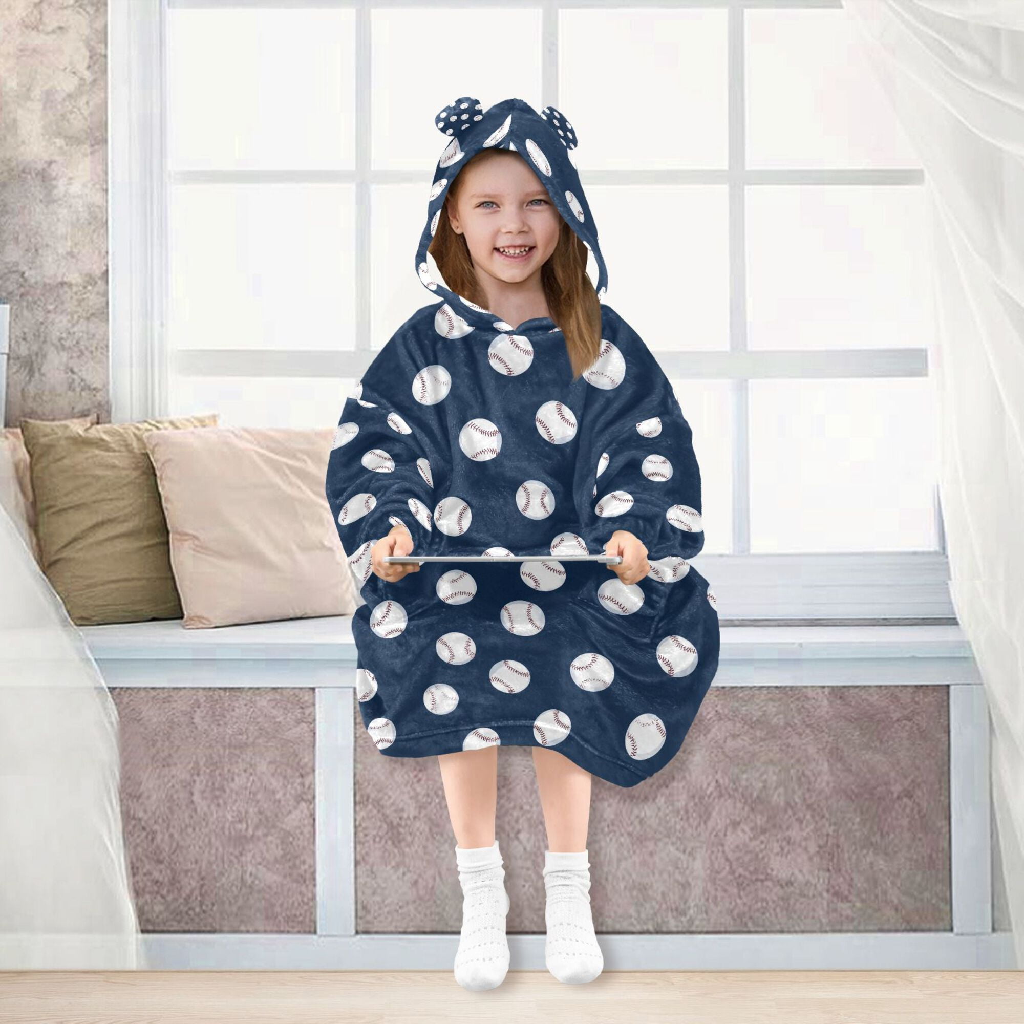 FORMRS Wearable Blanket Hoodie with Sleeves for Kids Cozy Flannel Sweatshirt, Navy Blue Baseball Pattern
