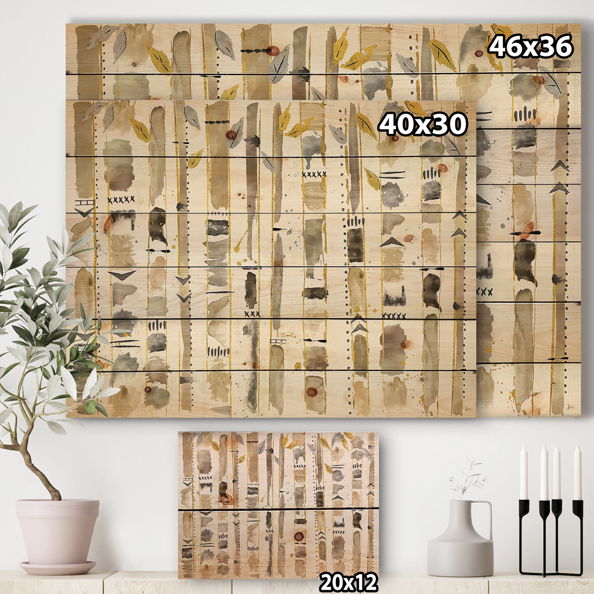 Designart 'Abstract Gold Birch Trees Pattern' Modern & Transitional Print on Natural Pine Wood