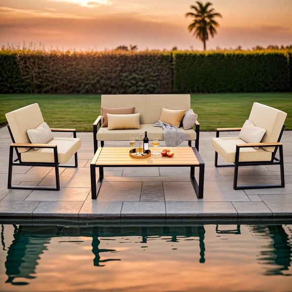 Patio Furniture Sets on Sale, Asofer 4 PCS Outdoor Conversation Sofa with Soft Cushion & Coffee Tea - Gray