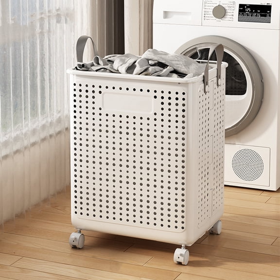 solautey Rolling Plastic Collapsible Laundry Basket Cube Storage Bin Box Organizer with Wheels Handle Durable Ventilated Foldable Hamper for Bedroom Dirty Clothes Large Capacity