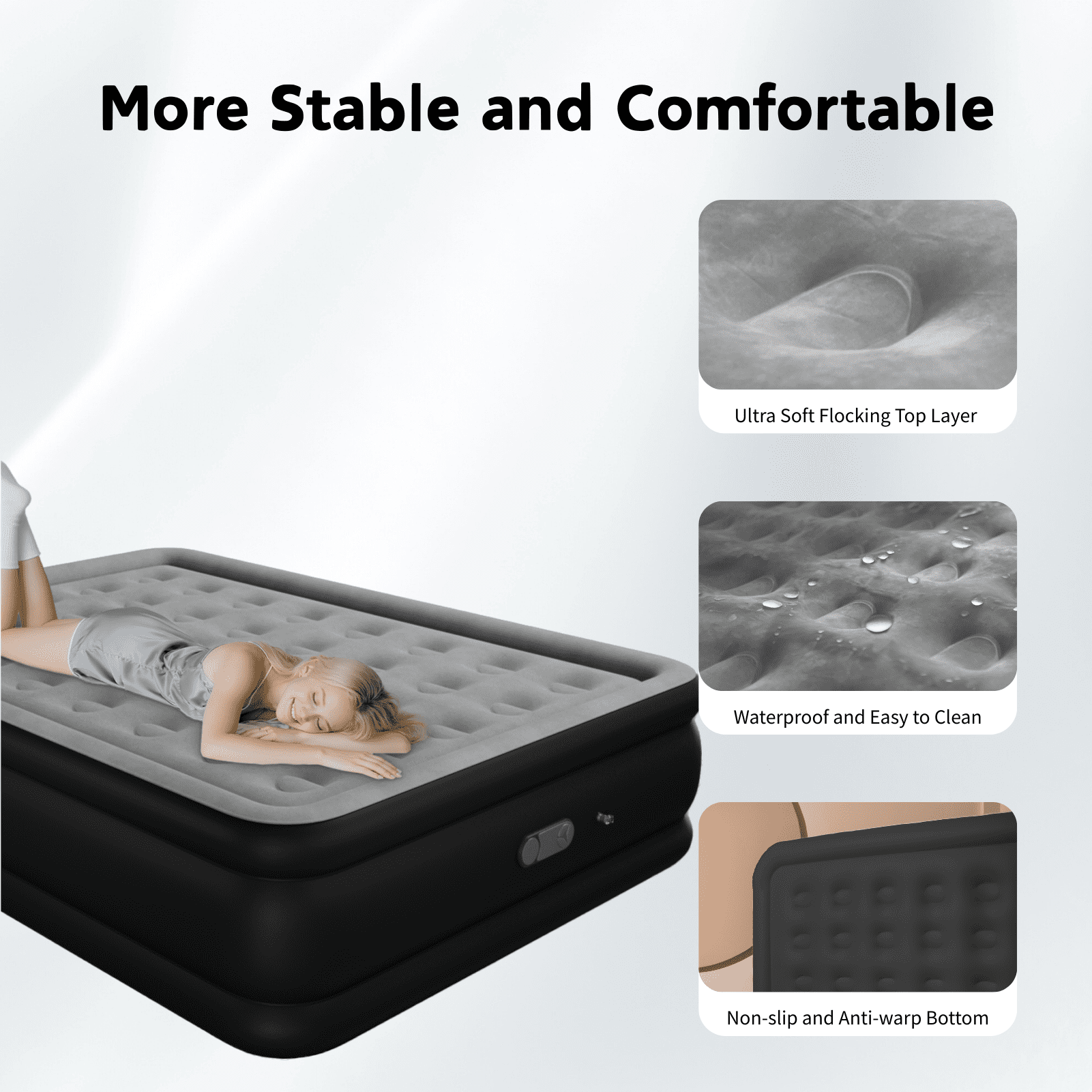 Full 18" Top Flocking Air Mattress with Built-in Pump Raised Comfort,Fast Inflation/Deflation Foldable Portable Air Bed with Storage Bag for Home,Camping,Guests Grey