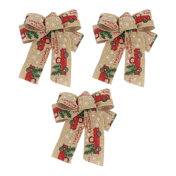 3-Pack Christmas Bow Decorations – Woven Linen Bows with Snowflake Print for Tree, Wreath, Gift Wrapping & Holiday Décor – Rustic Hanging Ribbon Set