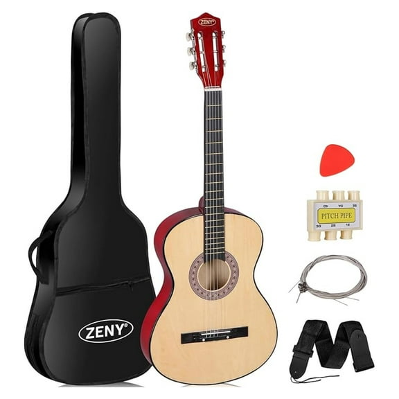 RONG-3 38" New Beginners Acoustic Guitar With Guitar Case, Strap, Tuner and Pick (Natural)