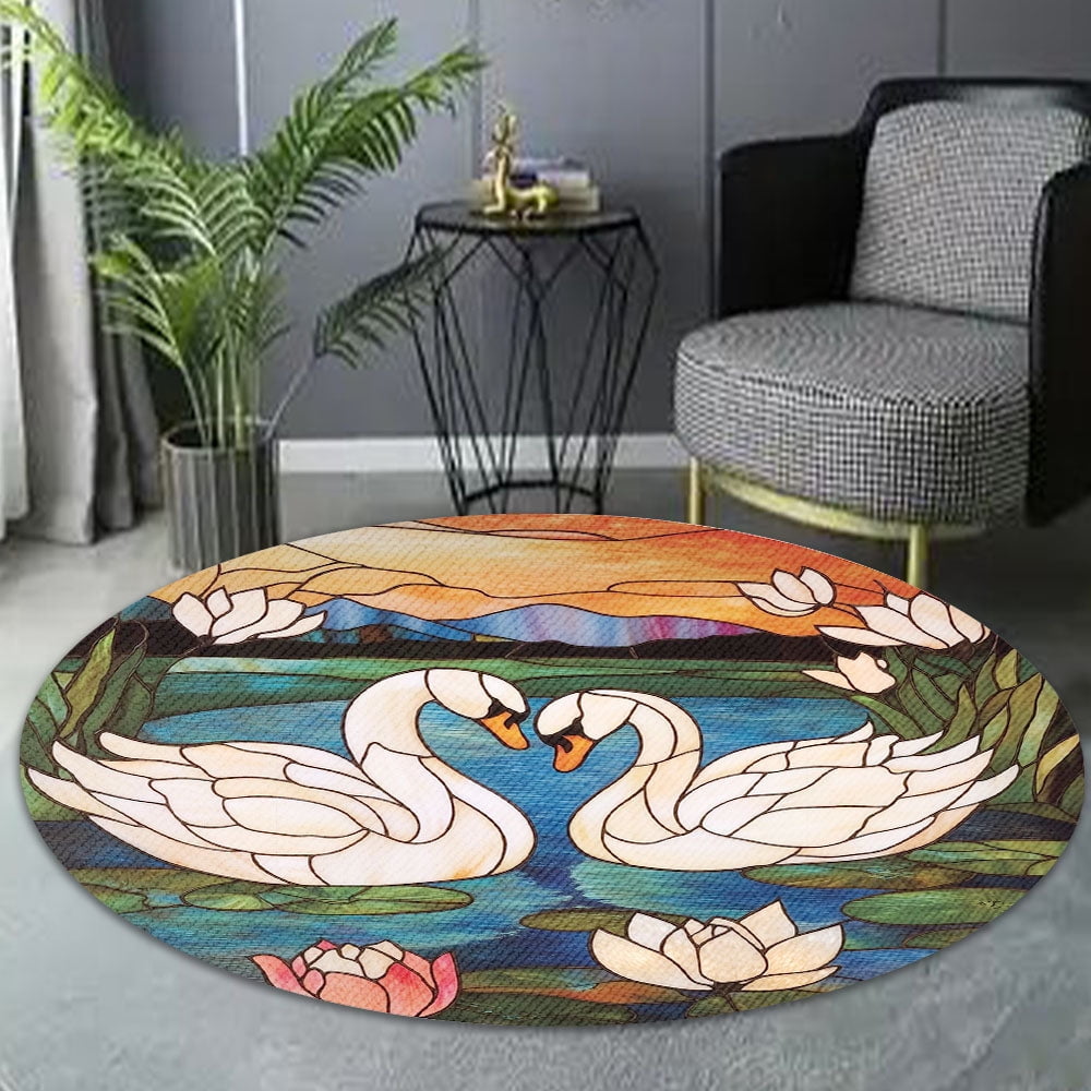 Round Area Rug, Swans Non-Slip Floor Mat, Soft Washable Carpet for Living Room Bedroom Decor 24 Inch