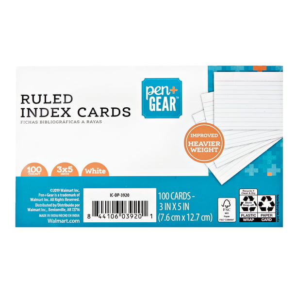 Pen+Gear Ruled Index Cards, 3" x 5", White, 100 Count