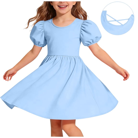 BRGZLK Girls Puff Short Sleeve Dress Spring Summer Solid Color Back Classic Crisscross Design Kids Girls Casual Round Neck A-Line Flowy Dresses 2026 Blue 9-10 Years