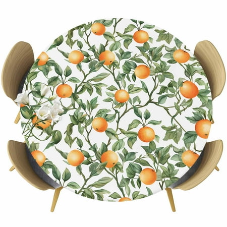 Round Fitted Tablecloth Summer Orange Watercolor Leaves Circle Table Cover Waterproof Table Cloth with Elastic Edge Botanical Foliage on White Outdoor Tablecloths for Kitchen Picnic 55-60in