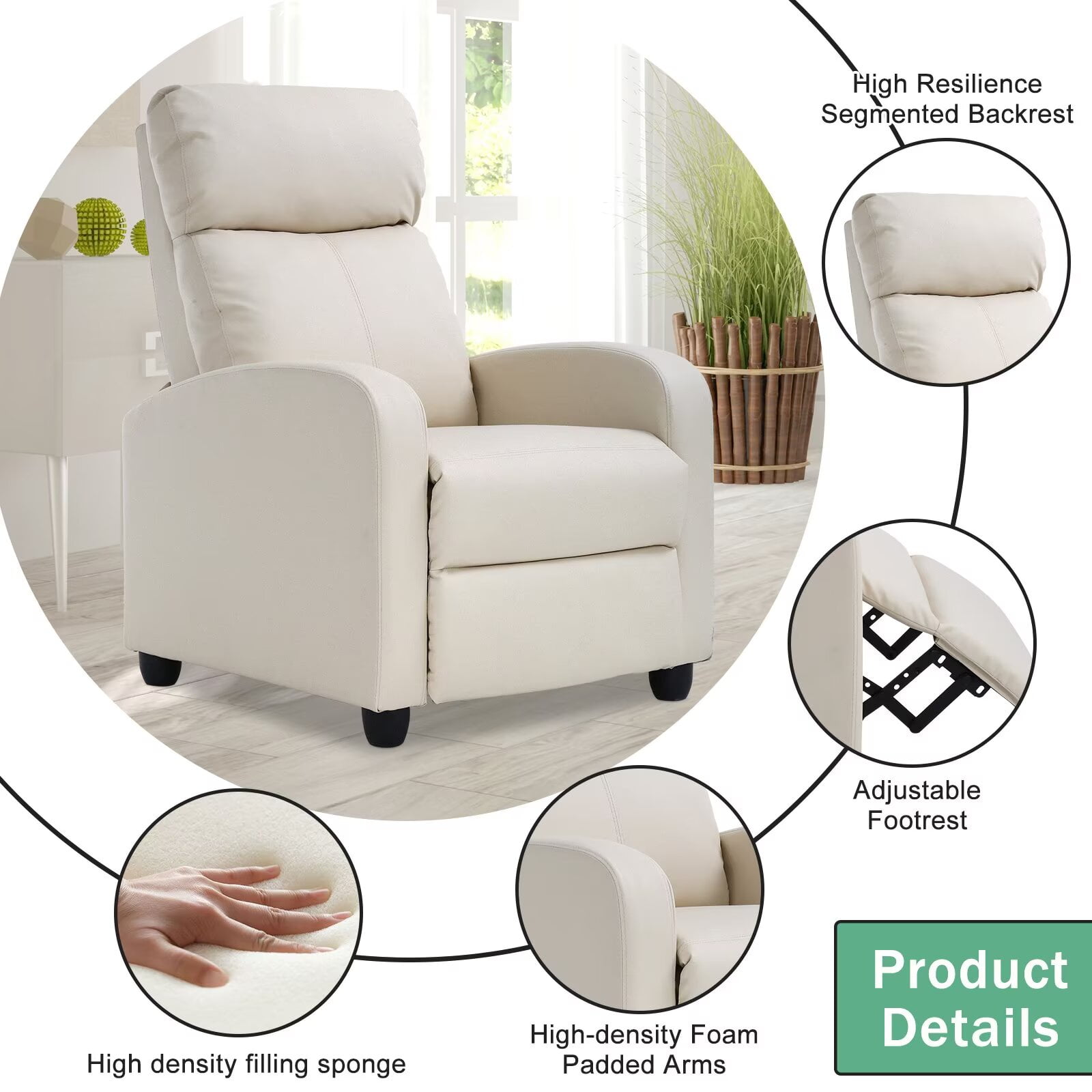 YRLLENSDAN Fabric Recliner Chair for Living Room Home Theater Seating, Adjustable Single Sofa for Adults, Reading Chair with Padded Seat Backrest and Footrest, Beige