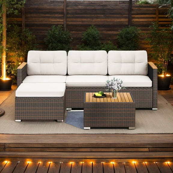 Demifill 5-Piece Wicker Conversation Set Rattan Set, Patio Conversation Set with Cushions and Coffee Table for Outdoor as Garden, Backyard, Porch, White