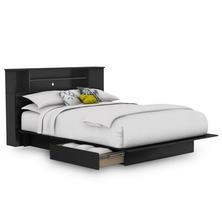 Vito Full\/Queen Platform Bed & Bookcase Headboard in Pure Black