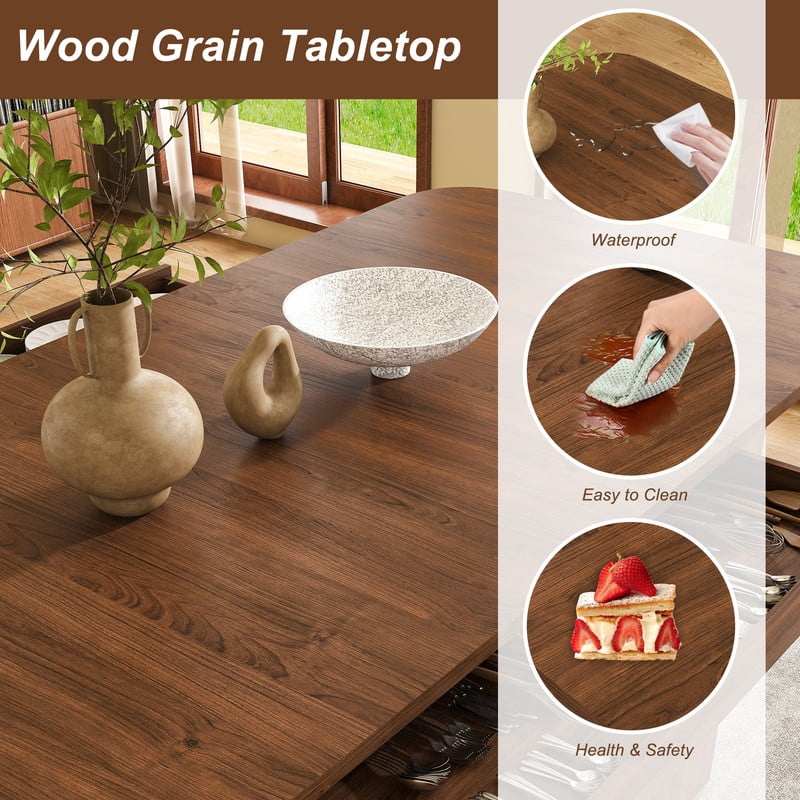 70.87-in Long Mid-Century Modern Dining Table for 4-6, MDF Wooden Kitchen Lunch Table with Drawers & Open Storage Shelf