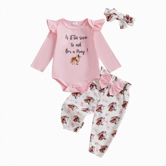 Baby Girl Clothes Ruffle Long Sleeve Letters Romper Pants Bow Outfit 0 3 6 12 18 24 Months Baby Pink,9-12 Months